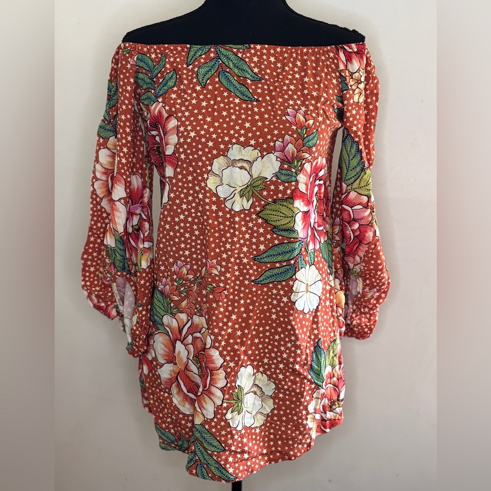 Farm Rio x Anthropology Star Floral Off shoulder Bell Sleeve Dress Tunic SZ S - Picture 1 of 10